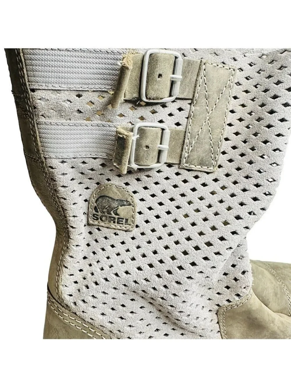 Sorel Major Pull On Perforated Laser Cut Leather Boots Beige &‎ Gray Women’s 8.5